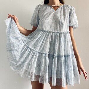 Cottagecore shimmer pearl light blue white floral tiered babydoll mini dress | S